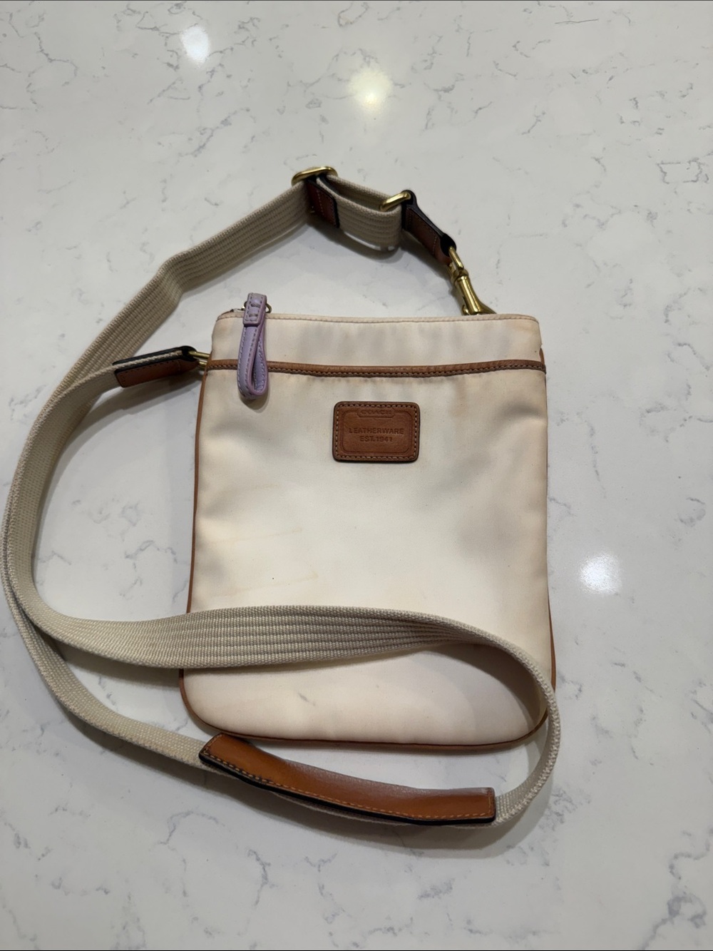 Coach Cream Crossbody with Brown Trim and Lavender Pull